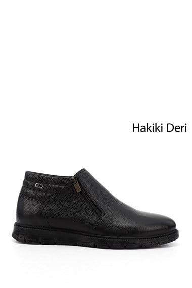 Erkek Siyah Fermuarlı Kauçuk Taban Hakiki Deri Bot