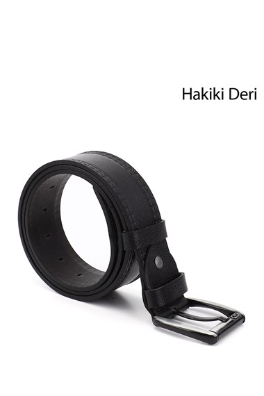 Mens Black Genuine Leather 4.5 Cm Stitched Jeans Belt