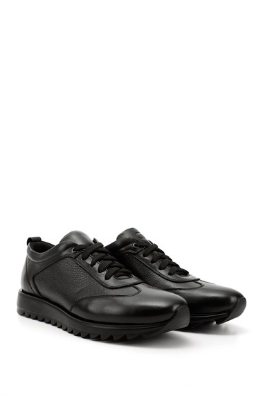 Mens Black Genuine Leather Lace-Up Sneakers