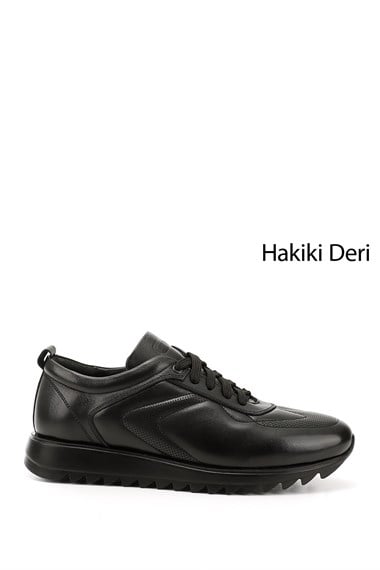 Mens Black Genuine Leather Lace-Up Sneakers