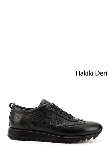 Mens Black Genuine Leather Lace-Up Sneakers