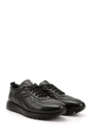 Mens Black Genuine Leather Lace-Up Sneakers