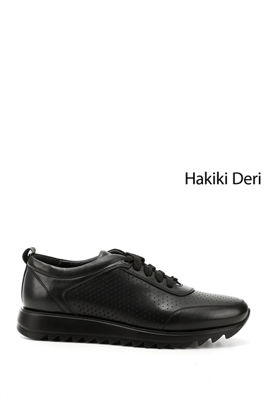 Mens Black Genuine Leather Lace-Up Sneakers