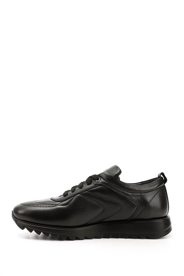 Mens Black Genuine Leather Lace-Up Sneakers