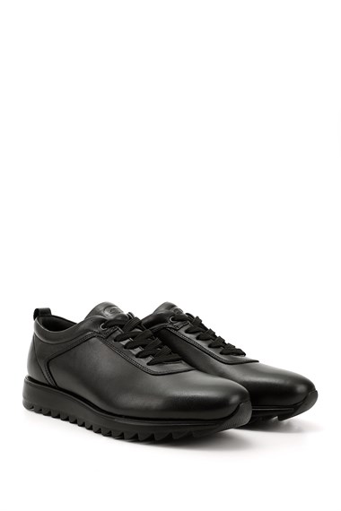 Mens Black Genuine Leather Lace-Up Sneakers