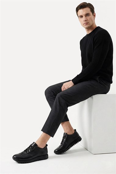 Mens Black Genuine Leather Lace-Up Sneakers