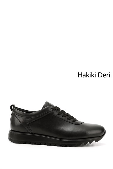Mens Black Genuine Leather Lace-Up Sneakers