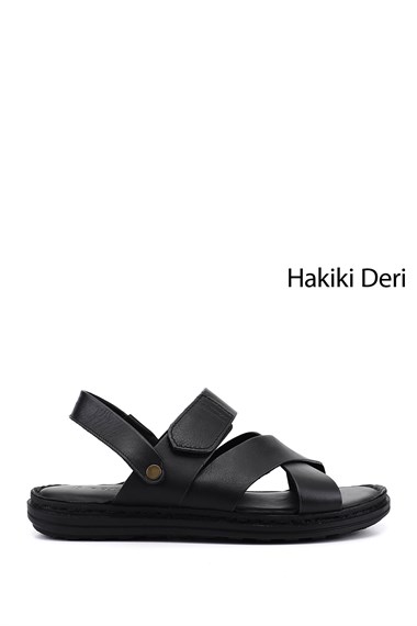 Erkek Siyah Hakiki Deri Comfort Sandalet