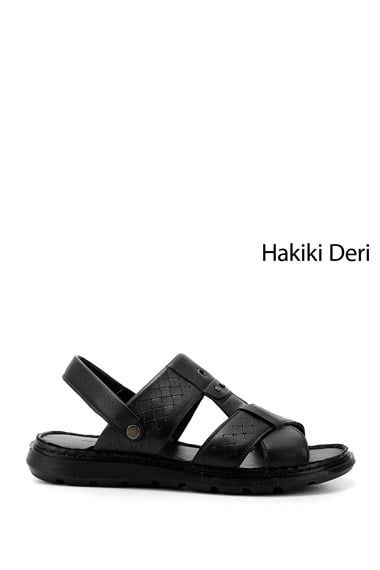 Mens Black Genuine Leather Comfort Sandals