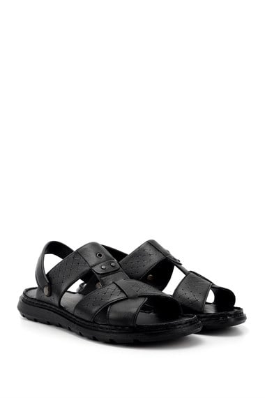 Mens Black Genuine Leather Comfort Sandals