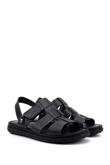 Erkek Siyah Hakiki Deri Comfort Sandalet