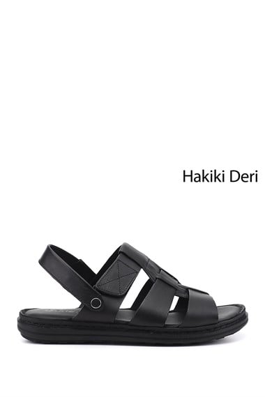 Erkek Siyah Hakiki Deri Comfort Sandalet