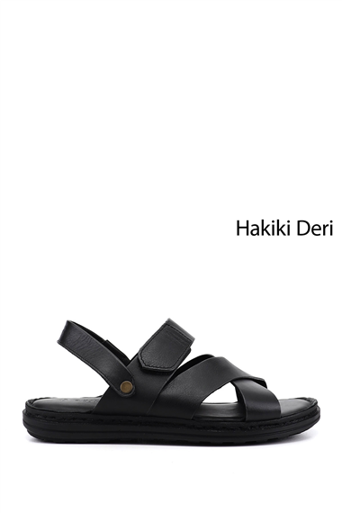 Erkek Siyah Hakiki Deri Comfort Sandalet
