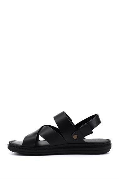 Erkek Siyah Hakiki Deri Comfort Sandalet
