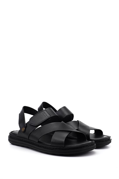 Erkek Siyah Hakiki Deri Comfort Sandalet