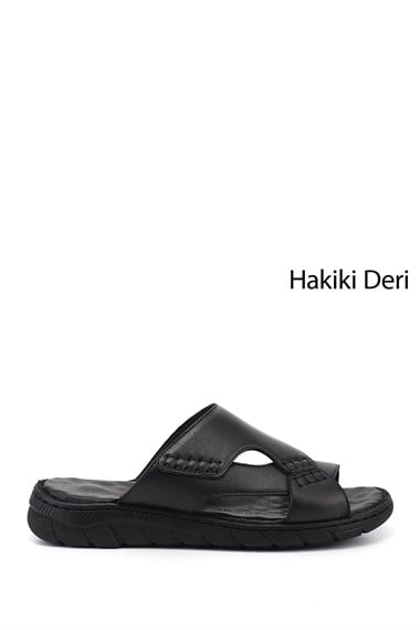 Erkek Siyah Bantlı Hakiki Deri Terlik