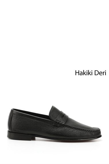 Erkek Siyah Kösele Taban Hakiki Deri Loafer Ayakkabı