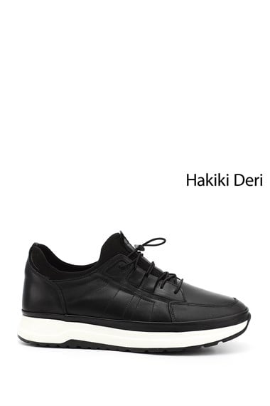 Mens Black Genuine Leather Lace-Up Sneakers