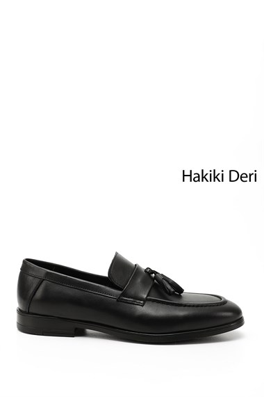 Mens Black Tasseled Genuine Leather Loafer Shoes