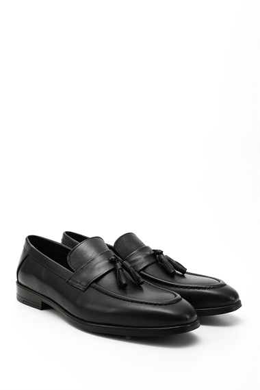 Mens Black Tasseled Genuine Leather Loafer Shoes