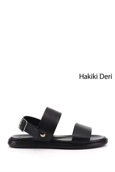 Erkek Siyah Tokalı Hakiki Deri Comfort Sandalet