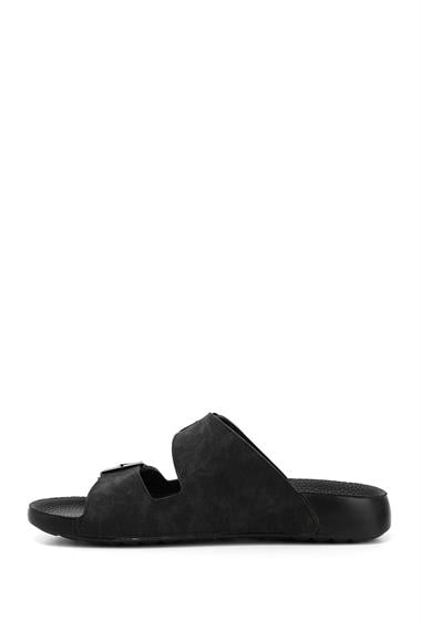 Mens Black Buckled Slippers