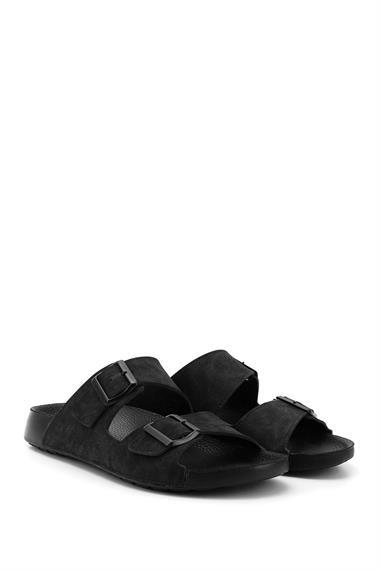 Mens Black Buckled Slippers