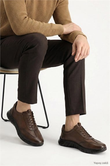 Mens Tan Antique Lace-Up Rubber Sole Genuine Leather Sneaker