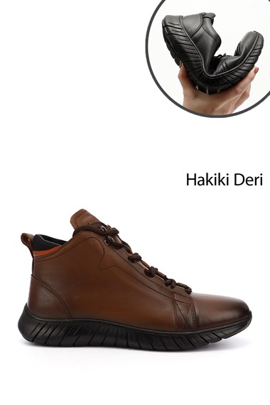 Erkek Taba Antik Fermuarlı Hakiki Deri Outdoor Bot