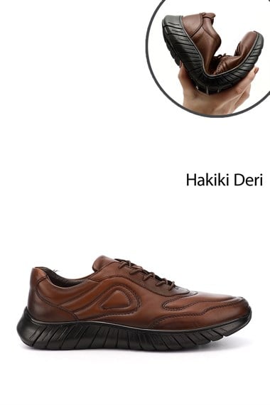 Mens Tan Lace-Up Genuine Leather Comfort Sneaker