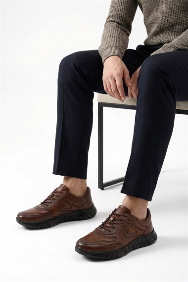 Mens Tan Lace-Up Genuine Leather Comfort Sneaker