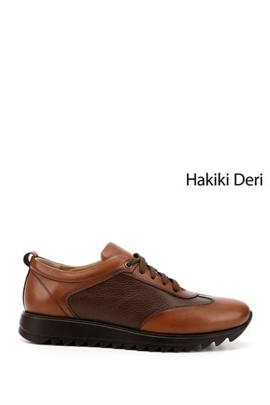 Mens Tan Genuine Leather Lace-Up Sneakers