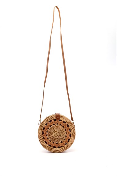 Womens Light Tan Wicker Woven Long Strapped Shoulder Bag