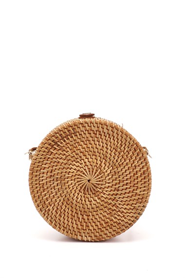 Womens Light Tan Wicker Woven Long Strapped Shoulder Bag