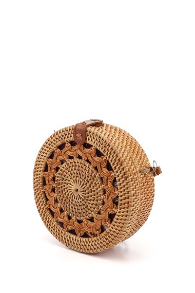 Womens Light Tan Wicker Woven Long Strapped Shoulder Bag