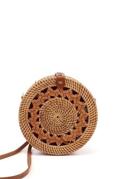 Womens Light Tan Wicker Woven Long Strapped Shoulder Bag