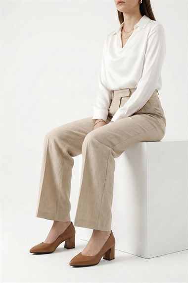 Womens Light Brown Pointed Toe Medium Thick Heel Genuine Leather Shoes