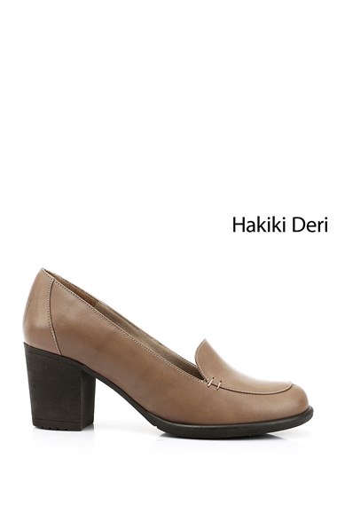 Kadın Açık Vizon Orta Kalın Topuklu Hakiki Deri Ayakkabı