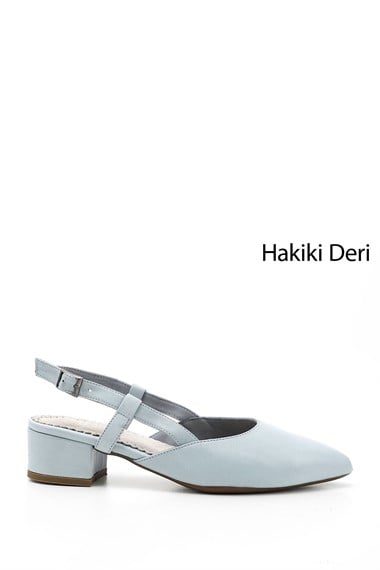 Kadın Bebek Mavisi Kalın Topuklu Arkası Açık Hakiki Deri Ayakkabı