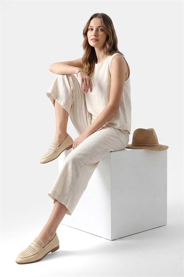 Kadın Bej Antik Baskılı Hakiki Deri Loafer