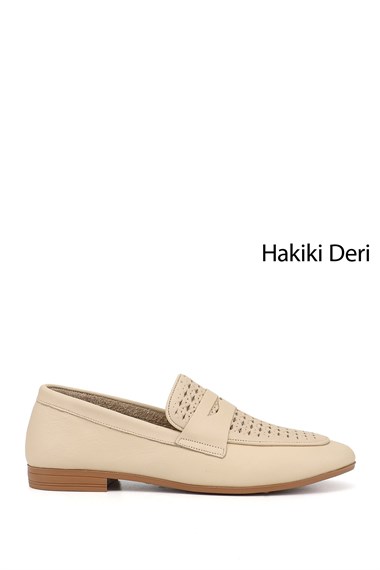 Kadın Bej Antik Baskılı Hakiki Deri Loafer