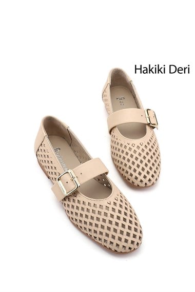 Kadın Bej Antik Baskılı Mary Jane Hakiki Deri Babet