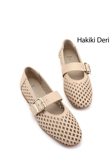Kadın Bej Antik Baskılı Mary Jane Hakiki Deri Babet