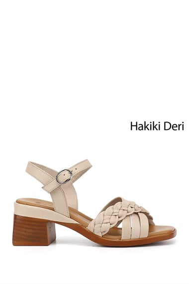 Womens Beige Antique Ankle-Tied Knitted Strap Genuine Leather Sandals