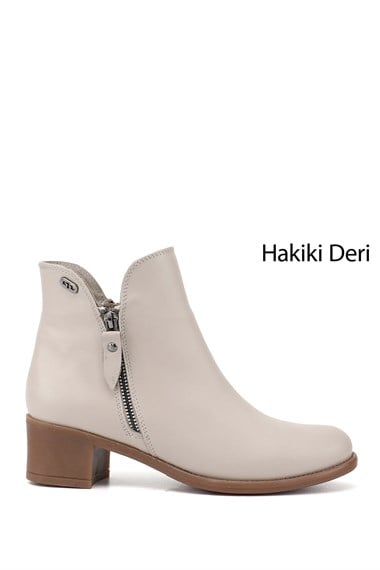 Kadın Bej Antik Çift Fermuarlı Kalın Topuklu Hakiki Deri Bot