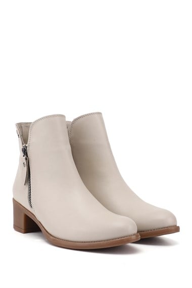 Kadın Bej Antik Çift Fermuarlı Kalın Topuklu Hakiki Deri Bot