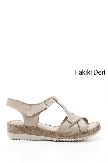 Kadın Bej Antik Cırt Bantlı Dolgu Topuk Hakiki Deri Sandalet
