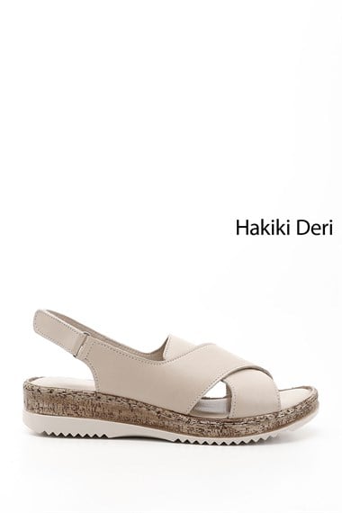Kadın Bej Antik Cırt Bantlı Dolgu Topuk Hakiki Deri Sandalet