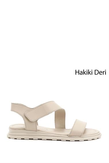 Kadın Bej Antik Cırt Bantlı Hakiki Deri Sandalet