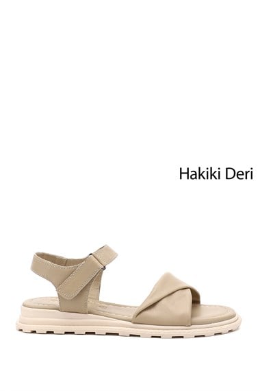 Kadın Bej Antik Cırt Bantlı Hakiki Deri Sandalet
